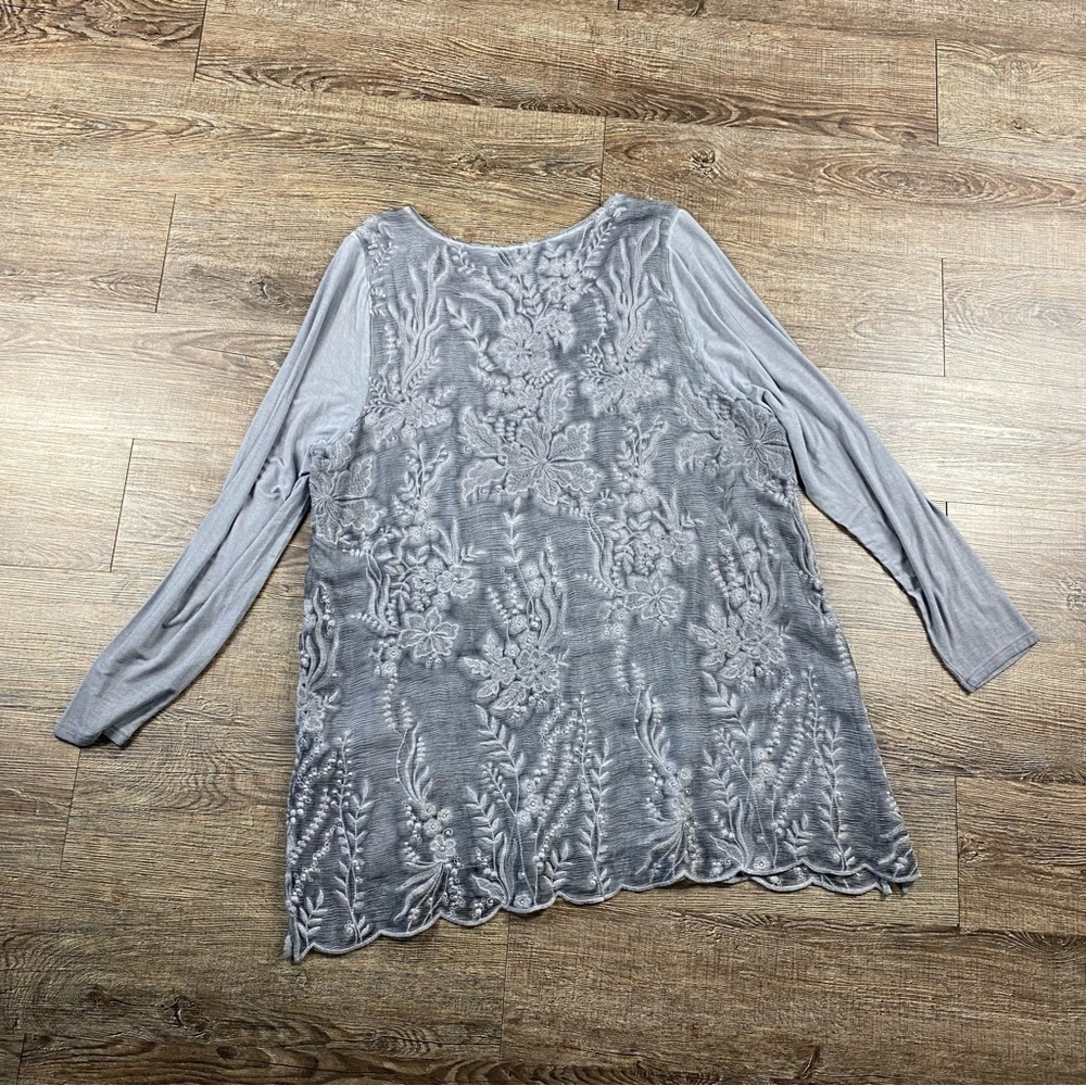 Soft Surroundings Tunic Top Women XL Gray Floral Embroidered Layer Silk Viscose - Picture 6 of 9
